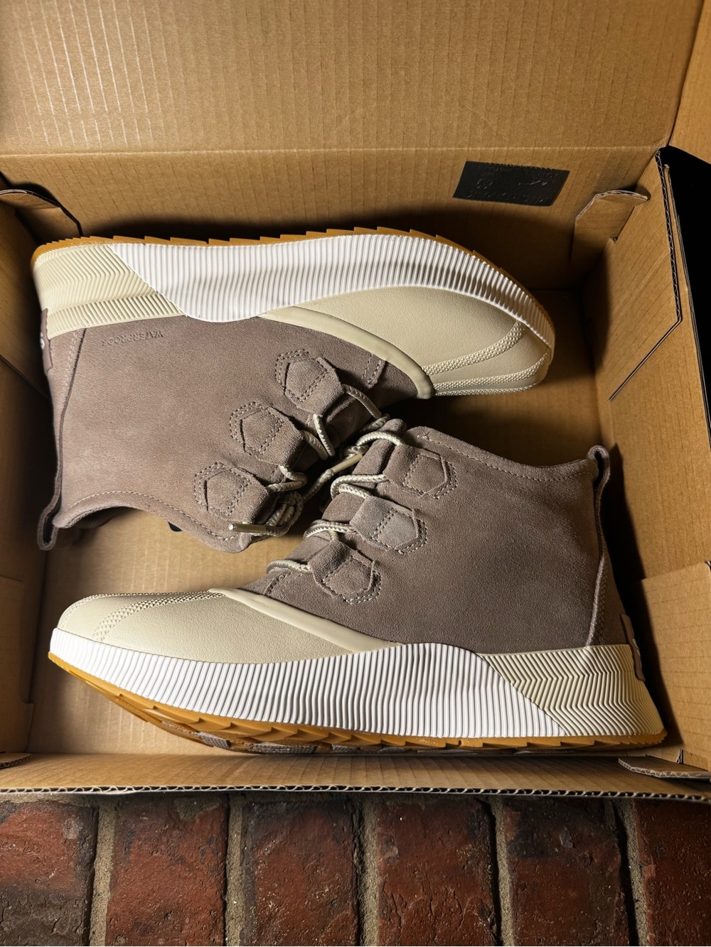Women’s Taupe/Tan Suede High-Top Sorel sneaker boot - Casual Waterproof Style